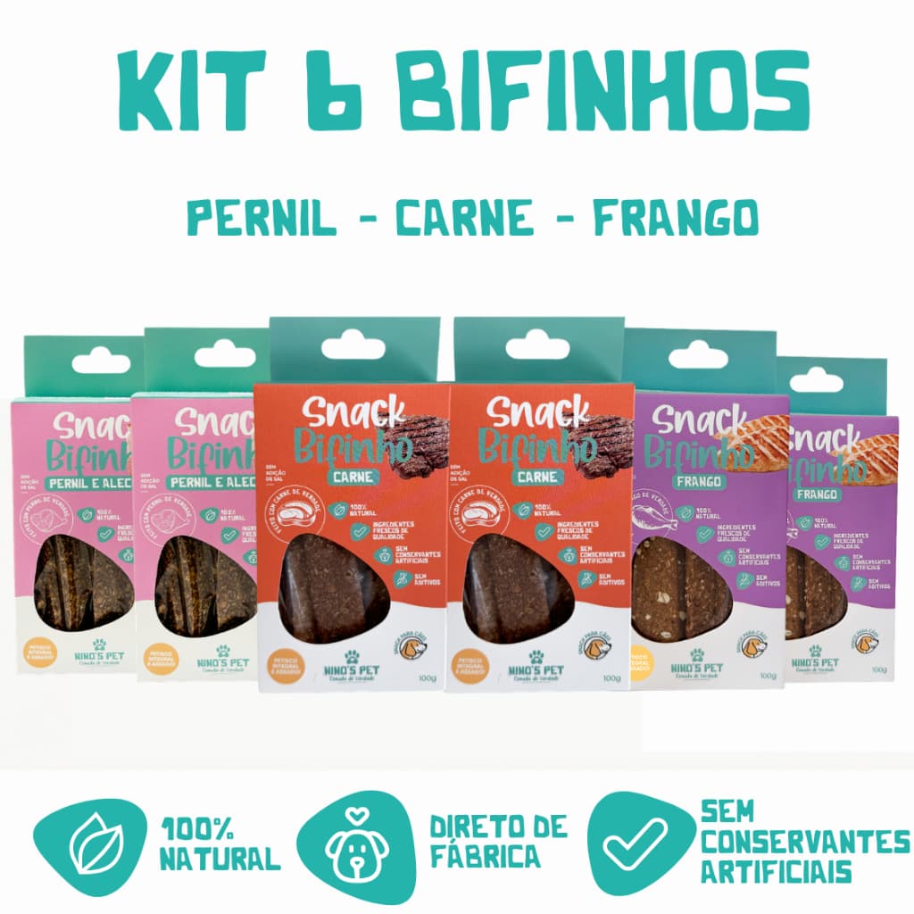 Kit 6 Bifinhos Naturais para Cães Ninos Pet Carne Frango e Pernil Petisco Saudável Snack Melhor Custo