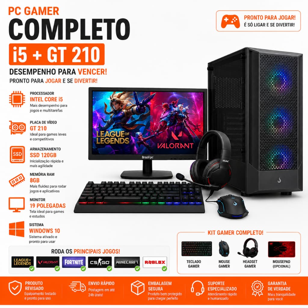 PC Gamer Completo i5 + GT 210 | SSD 120GB | 8GB RAM | Monitor 19” | Kit Gamer | Roda LoL e Valorant