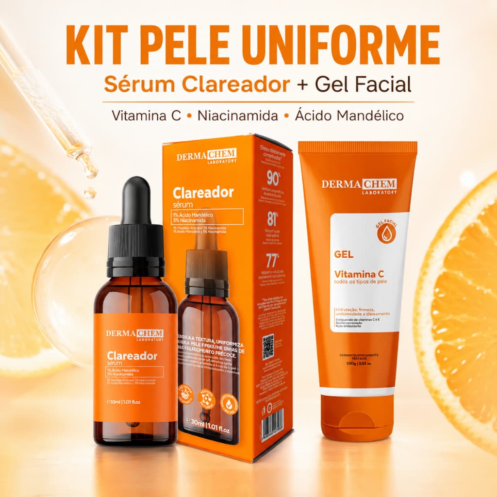Kit Pele Uniforme Dermachem Sérum Clareador 30ml + Gel Facial Vitamina C 100g