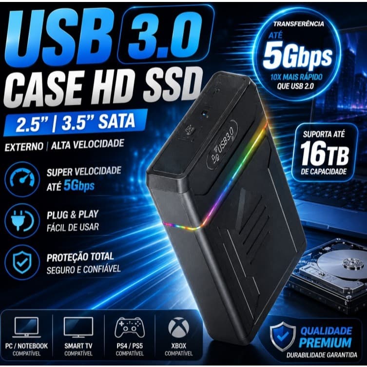 Case Hd Ssd Externo Usb 3.0 Sata 2,5"/3,5" 16tb Com Fonte Knup