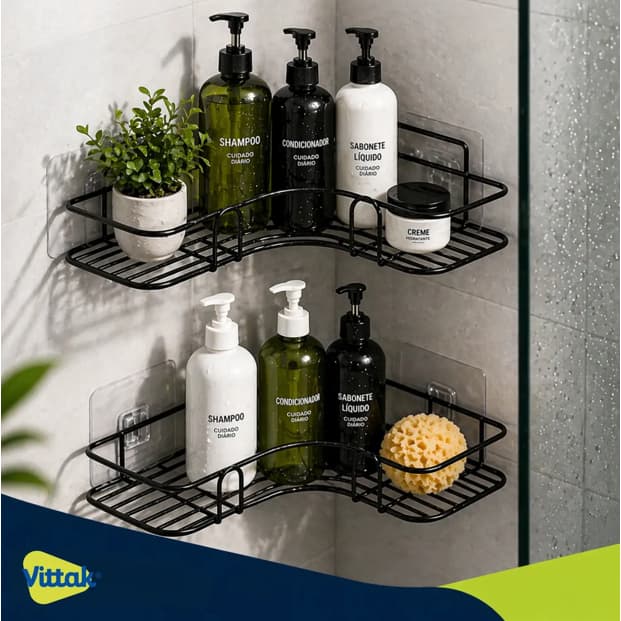 Porta Shampoo Banheiro e Cozinha Suporte Canto Metal Com Adesivo Sem Furo