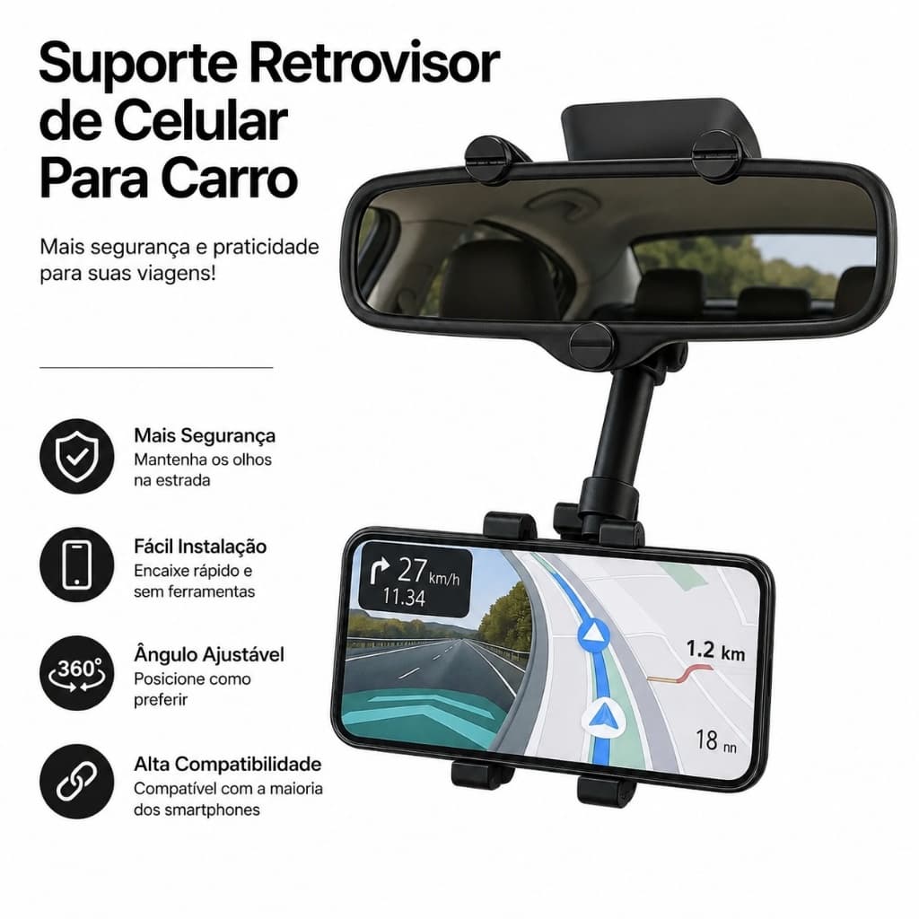 Suporte Retrovisor de Celular Para Carro Central Extensível Giro 360º Facil Instalação Todos Celular