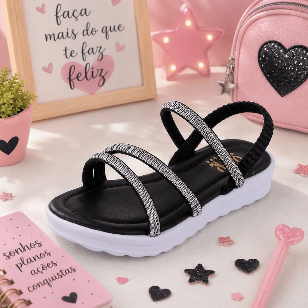 Sandália Rasteira Infantil Menina 20 ao 36 Casual Tiras de Strass Confortável Dia das Crianças Lux