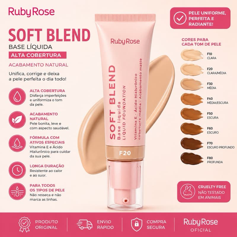 Base Líquida Soft Blend Ruby Rose | Alta Cobertura | Acabamento Natural | Original
