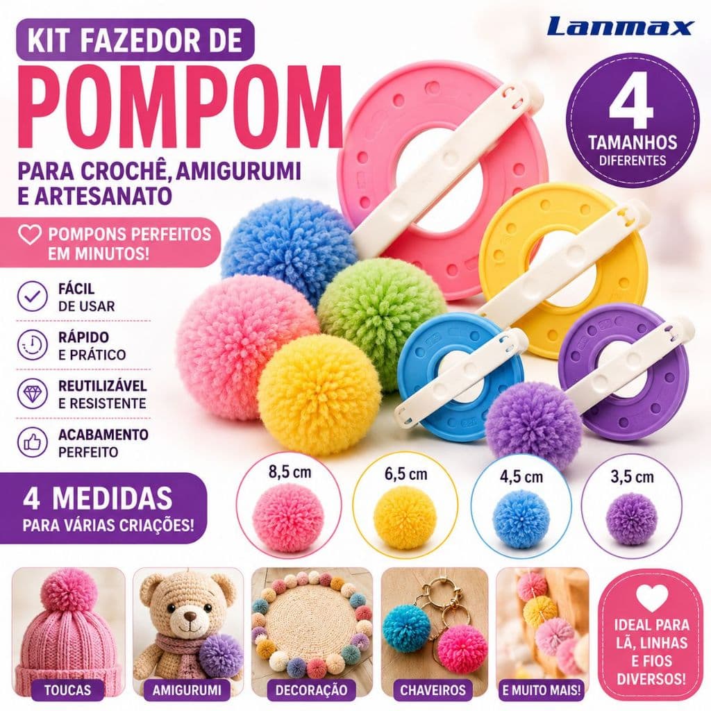 Kit Fazedor de Pompom Lanmax Completo 4 Tamanhos | Fácil e Rápido para Artesanato, Crochê, Amigurumi e DIY Profissional