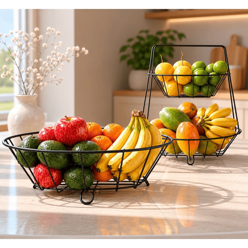 Fruteira De Mesa 2 Andares Em Ferro +  Cesta Aramada Organizador Multiuso Decorativo Decoração Cozinha Resistente