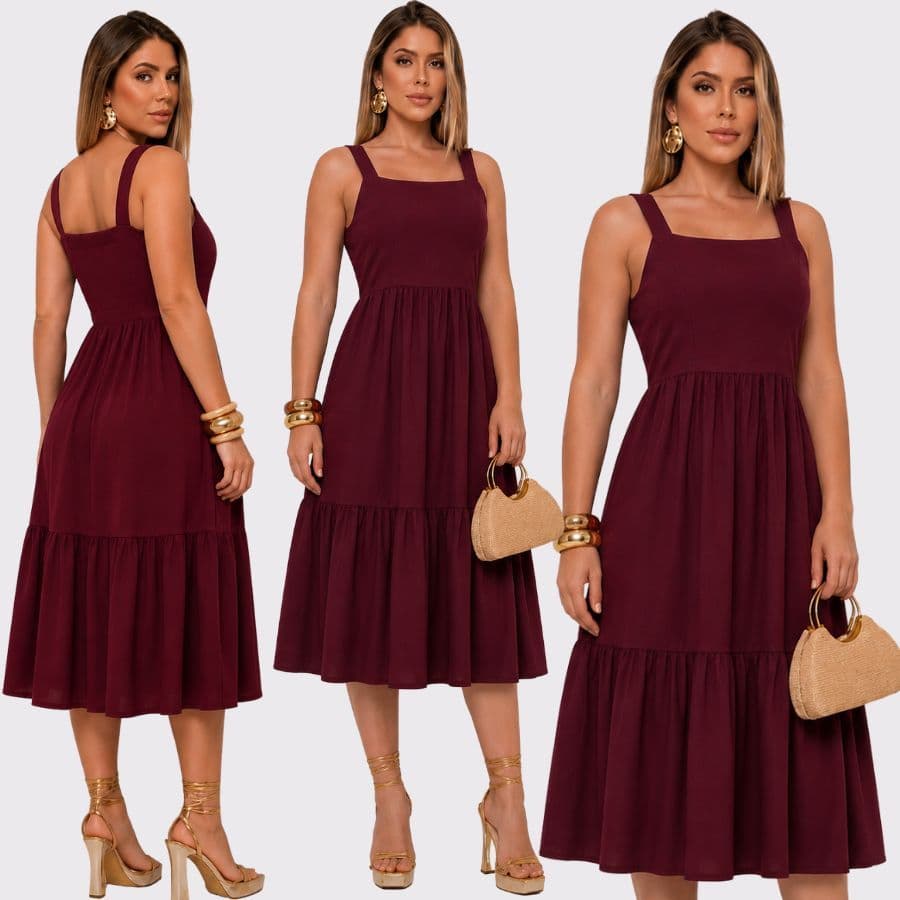Vestido Mídi Alça Rodado Vestido Moda Cristã Feminino  Casual De Alça Liso