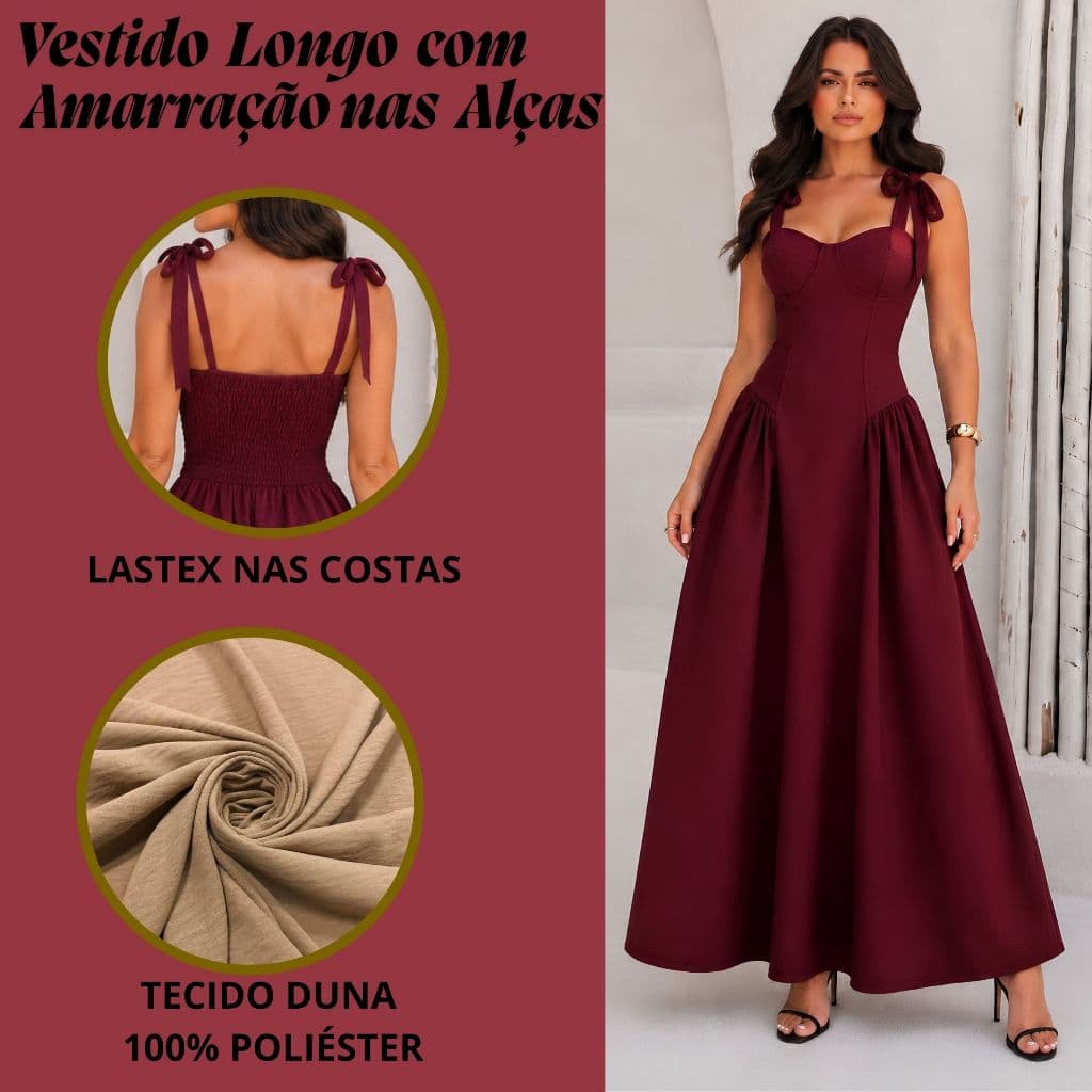 Vestido Longo Feminino Evangélico com Bojo e Alças Ajustáveis Tecido Duna Látex nas Costas Moda 2026