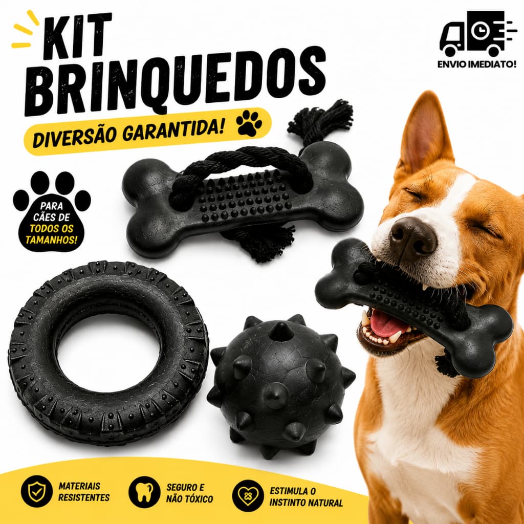 Kit Brinquedo Pet Mordedor Pneu G + Bola Cravo Maciça + Osso com Corda Black Grande para Cachorro