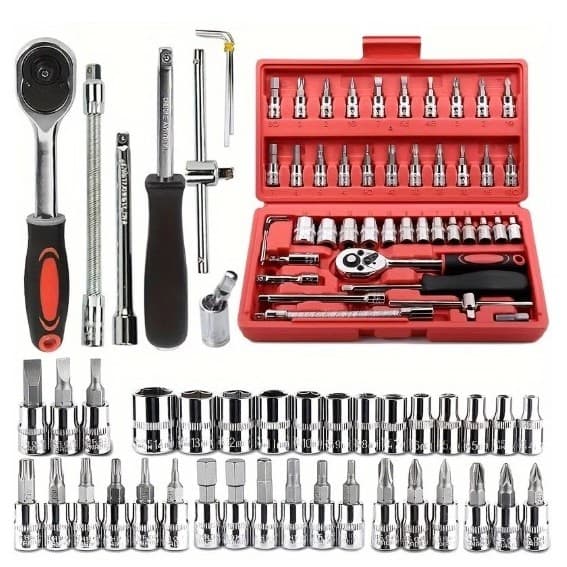 Kit de Ferramentas com 46 Peças + Maleta com Jogo de Soquete Reversível Catraca | Conjunto de Chaves (3666)
