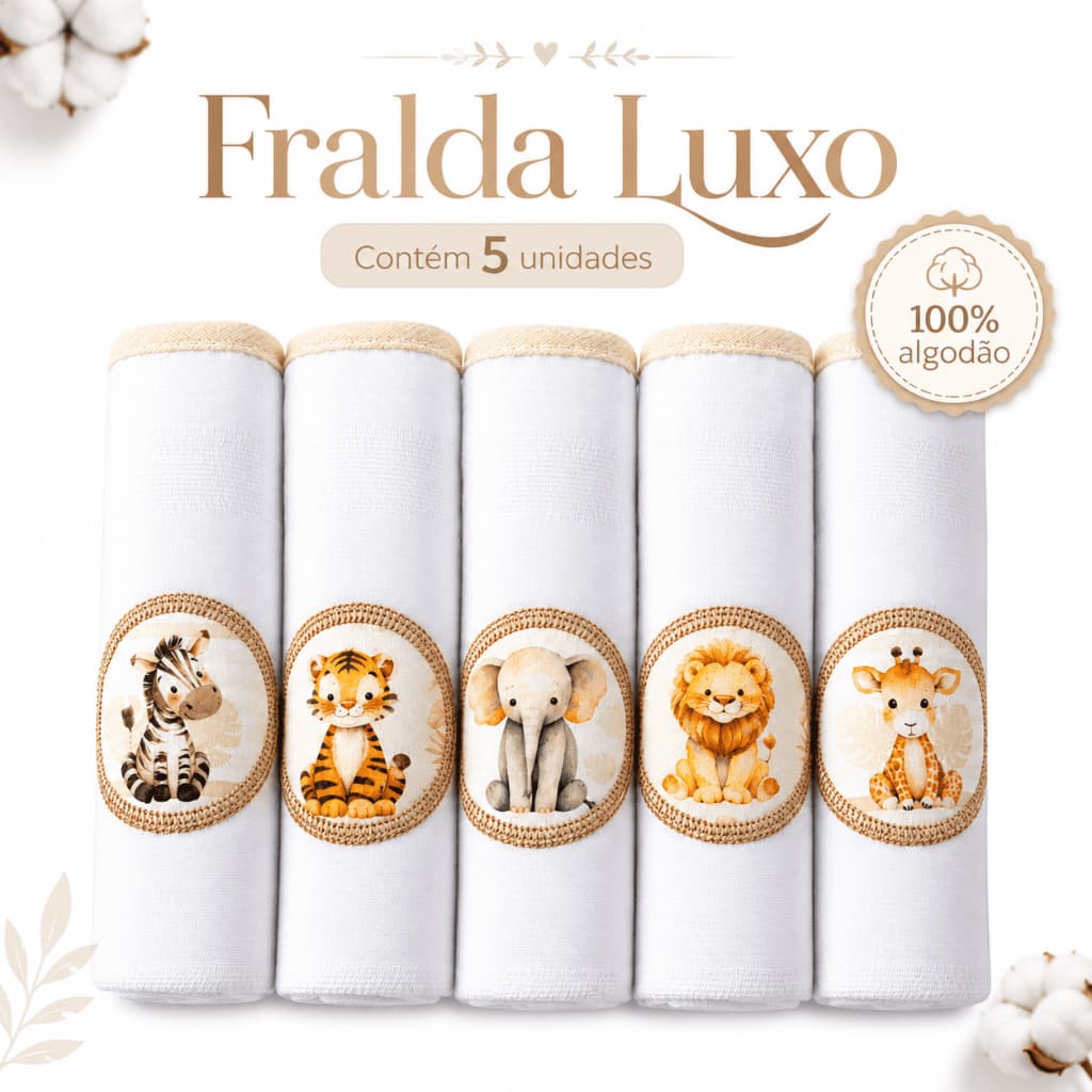 Kit 5 Fraldas Pano Bebê Luxo 70x68cm Algodão Bordada Enxoval Maternidade Chá Bebê Presente RN