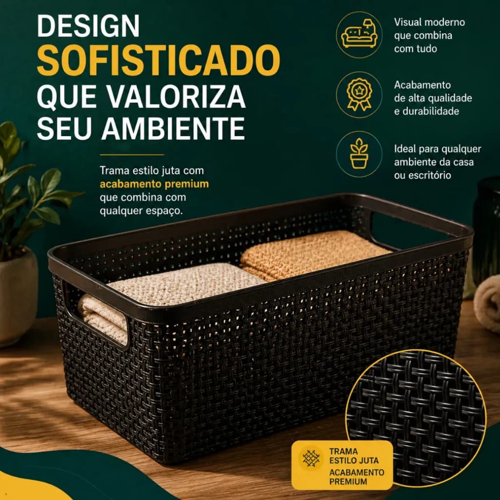 Kit Cesto Juta Alongado 1,5l Multiuso Caixa Organizadora Ideal Banheiro Cozinha Quarto Escritório