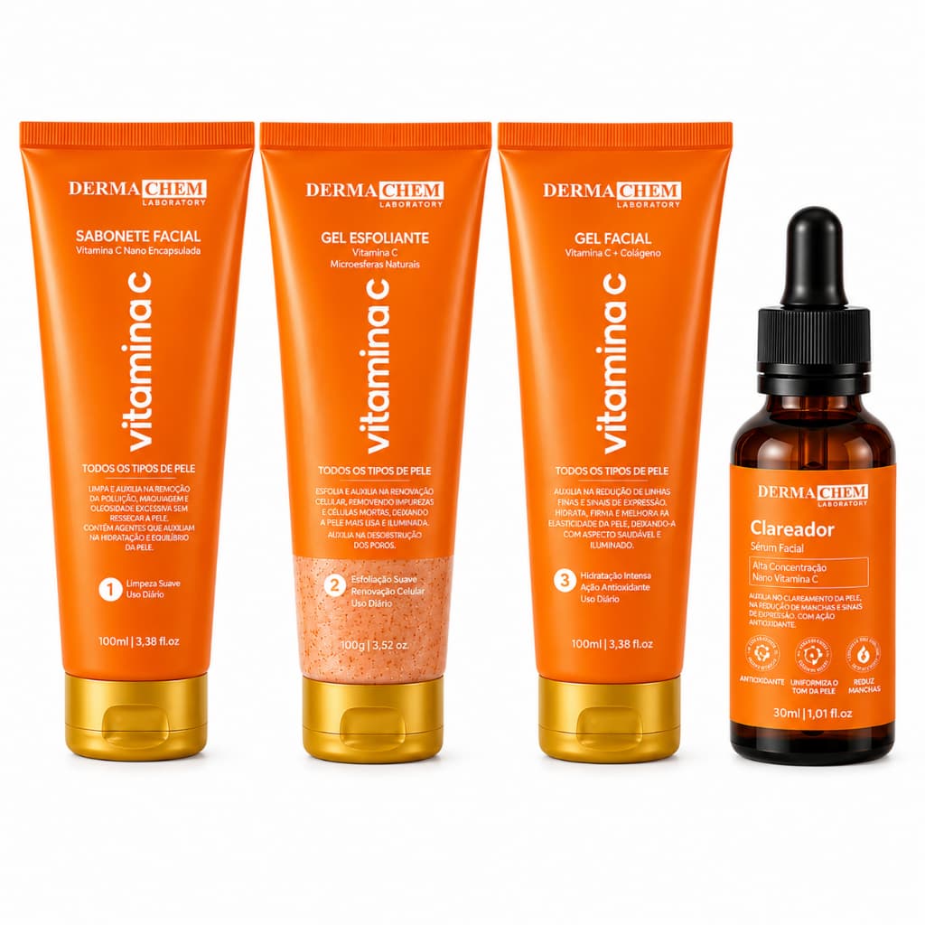 Kit Vitamina C Dermachem Sabonete Facial + Gel Esfoliante + Gel Facial + Clareador Sérum