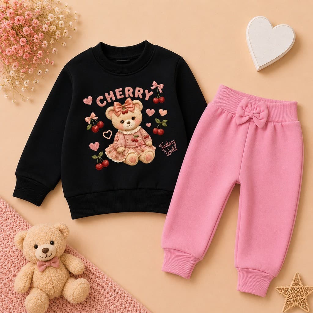 Conjunto Moletom Infantil Bebê Menina Ursinho fofo Cherry Fantasy World