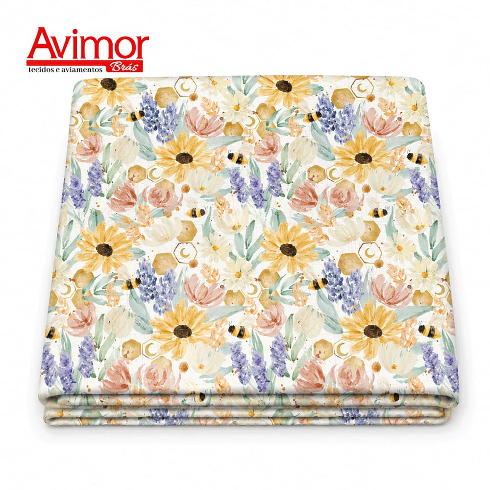 Tecido Tricoline Digital Floral E Abelhas Em Giz 100% Algodão Costura Pano Decoração Mesa Bolsa