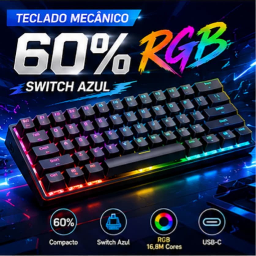 Teclado Mecânico Gamer RGB 60% Switch Azul USB-C Compacto Para PC Notebook PS4 Xbox
