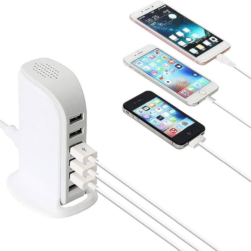 Carregador De Celular Rápido e Turbo 5 USB Compatível com Smartphone Smartwatch10Ah Bivolt