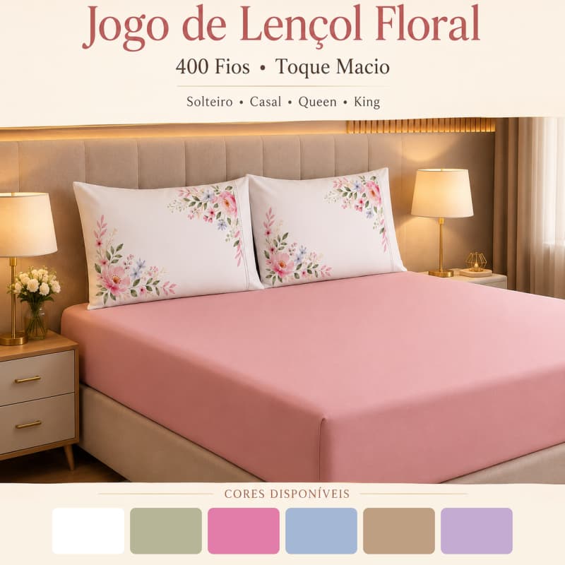 Jogo de Lençol Floral Rose Solteiro Casal Queen King 400 Fios Toque Macio