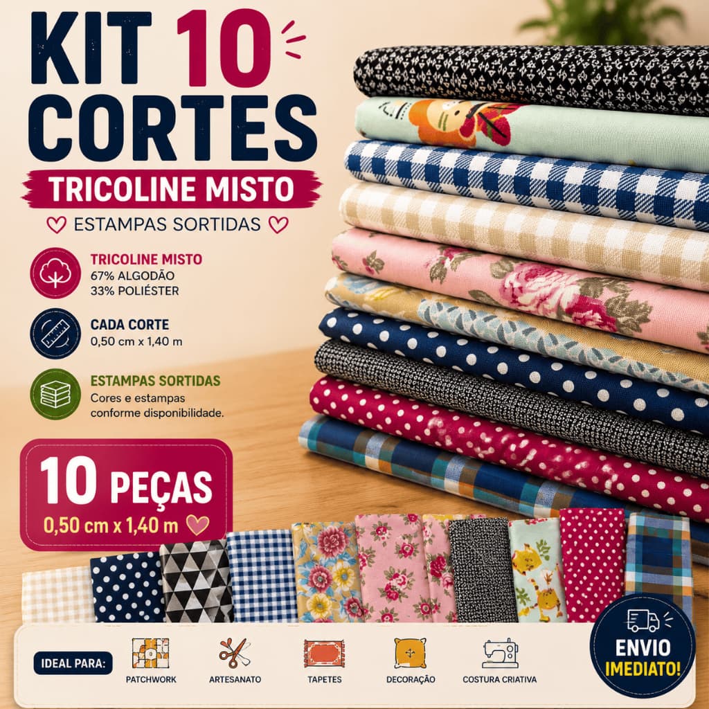Kit 10 Cortes Tricoline misto | Estampas Sortidas para Patchwork, Artesanato e Decoração ✨