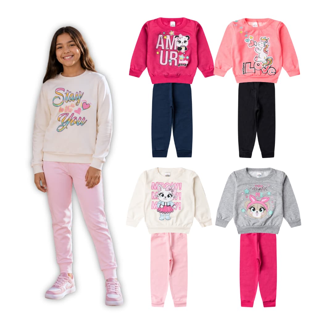Kit 4 Peças Moletom Infantil Menina Inverno Conjunto 1 ao 14 Feminino Manga Longa Gola Careca