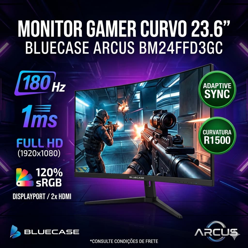 Monitor Gamer Curvo Bluecase Arcus 180Hz 1ms 120% sRGB Tela Curva 1500R AdaptiveSync