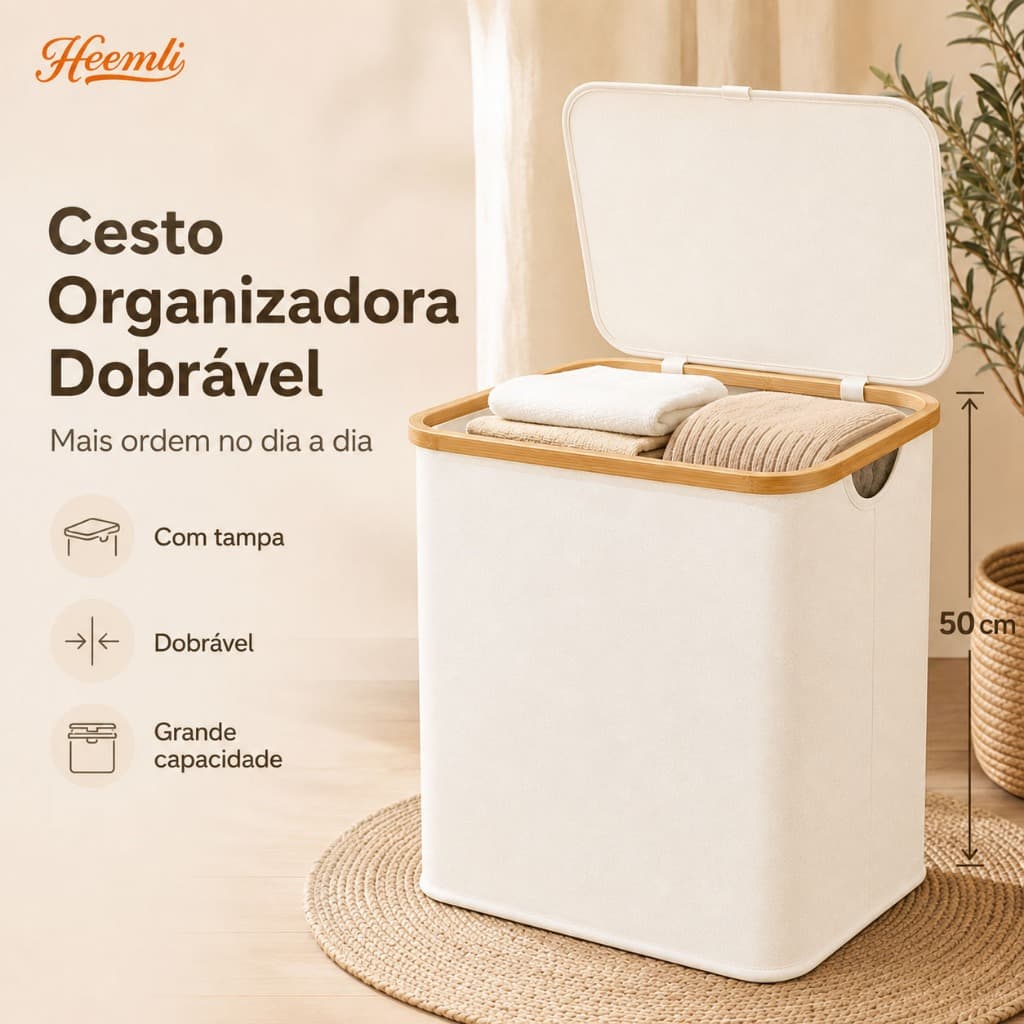 Cesto Organizador Heemli com Tampa de Bambu Dobrável para Lavanderia Sala Banheiro