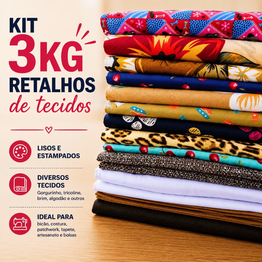 🔥 Kit 3kg Retalhos de Tecidos para bicão| Gorgurinho Tricoline Brim Algodão Patchwork Tapetes Bolsas