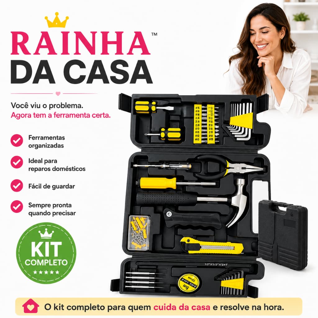 Kit Ferramentas Casa 200 Peças Completo Maleta Organizadora Rainha da Casa™ Reparos Domésticos