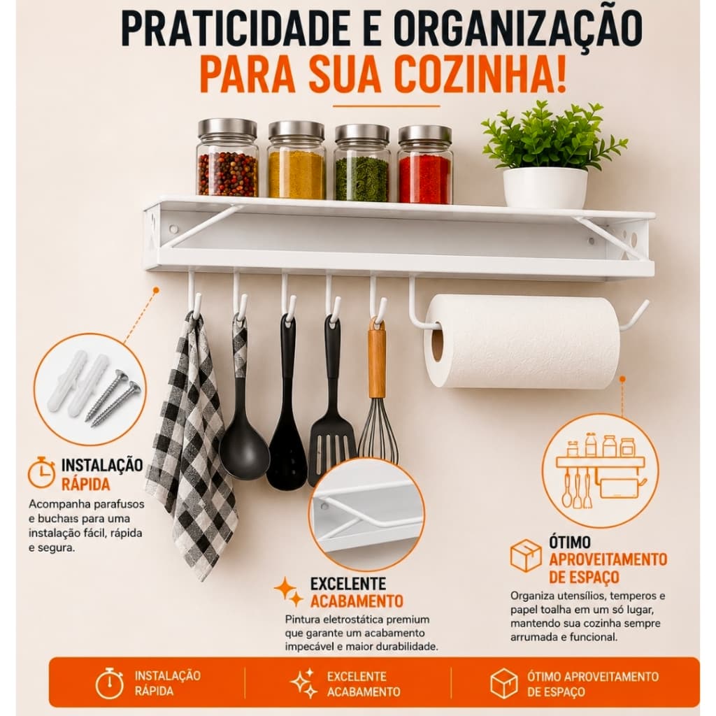 Suporte de Cozinha com Gancho Porta Temperos Organizador de Cozinha Prateleira Suspensa Porta Papel Toalha Multiuso Gour