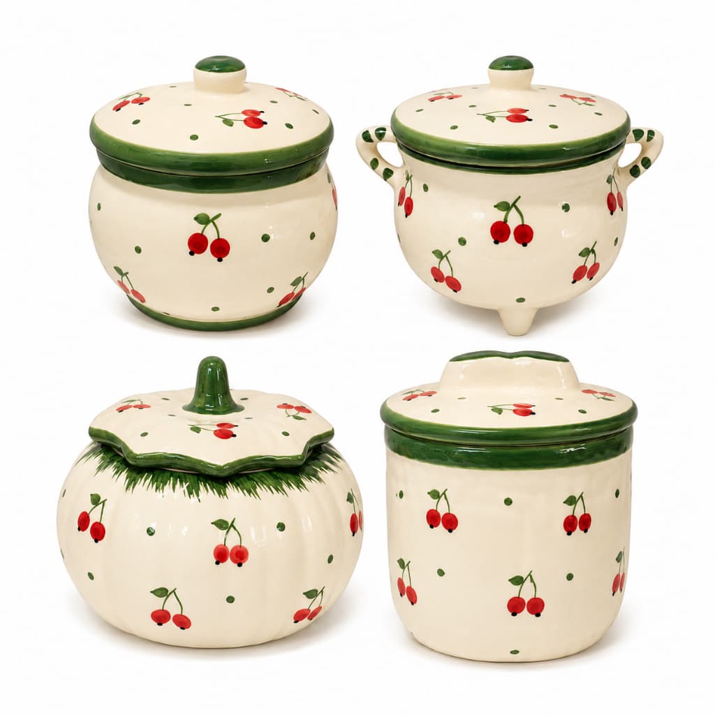 🍒 Potes Decorativos De Cerâmica Esmaltada – Cereja | Decoração