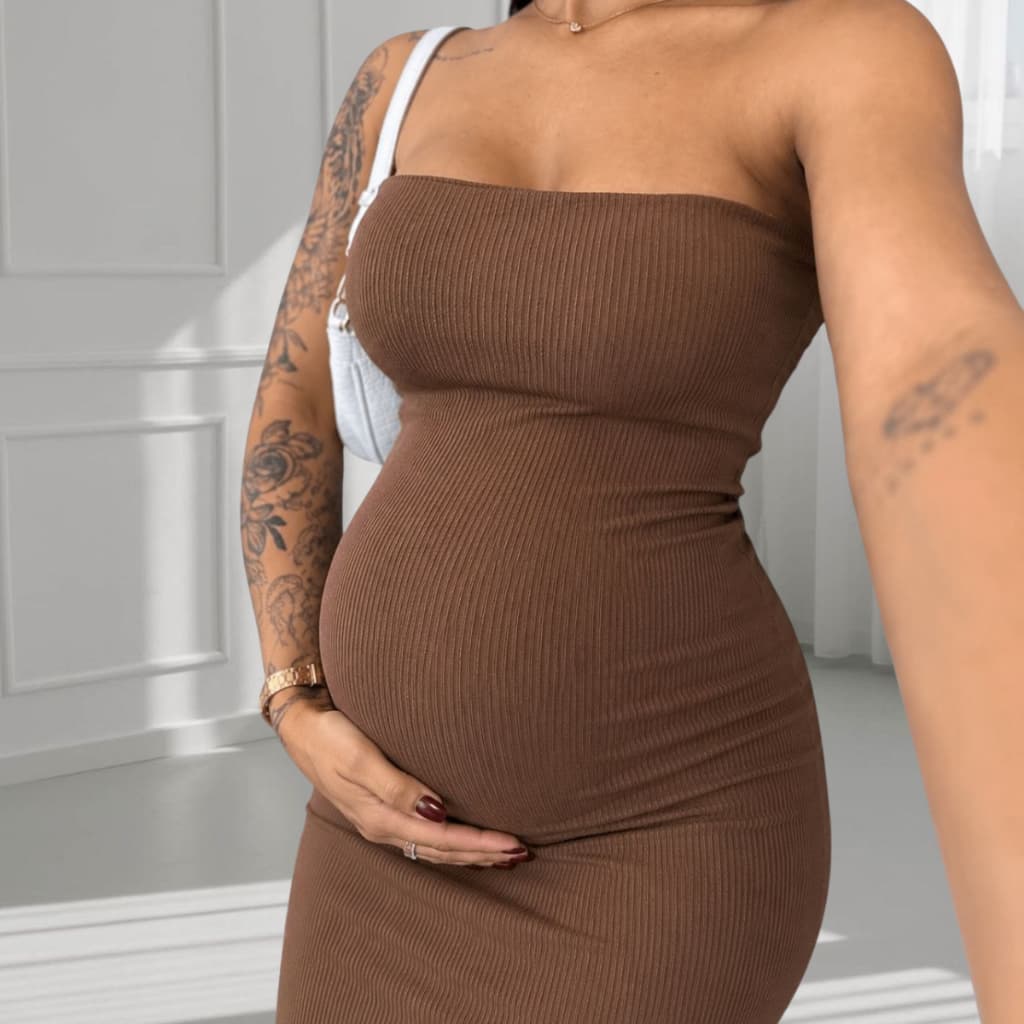 Vestido Midi Gestante Tomara Que Caia Anarruga Canelado Tubinho Justo Confortável