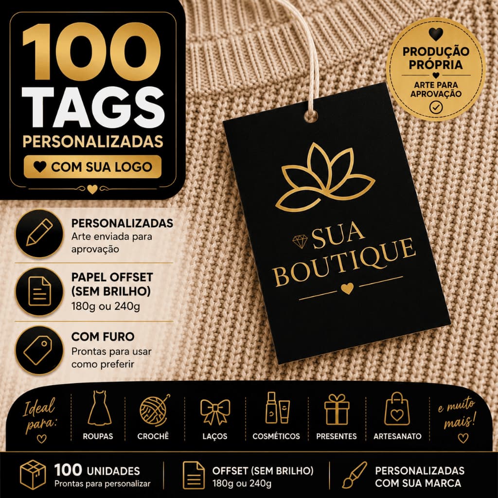 100 Etiquetas Tags Personalizadas Com Sua Logo Para Roupas Boutique Crochê Artesanato