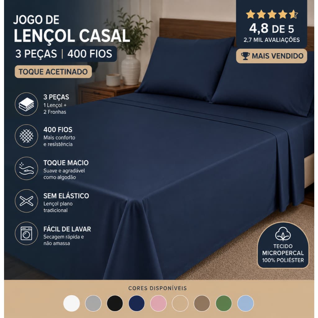 Jogo de Lençol Casal 3 Peças 400 Fios Toque Macio Sem Elástico Fronhas 50x70 Micropercal Acetinado