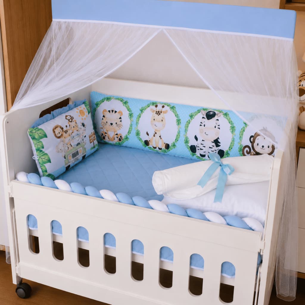 Kit Mini Berço Safari Azul Bebê Menino 10 Peças Protetor Com Trança E Mosquiteiro Enxoval Completo