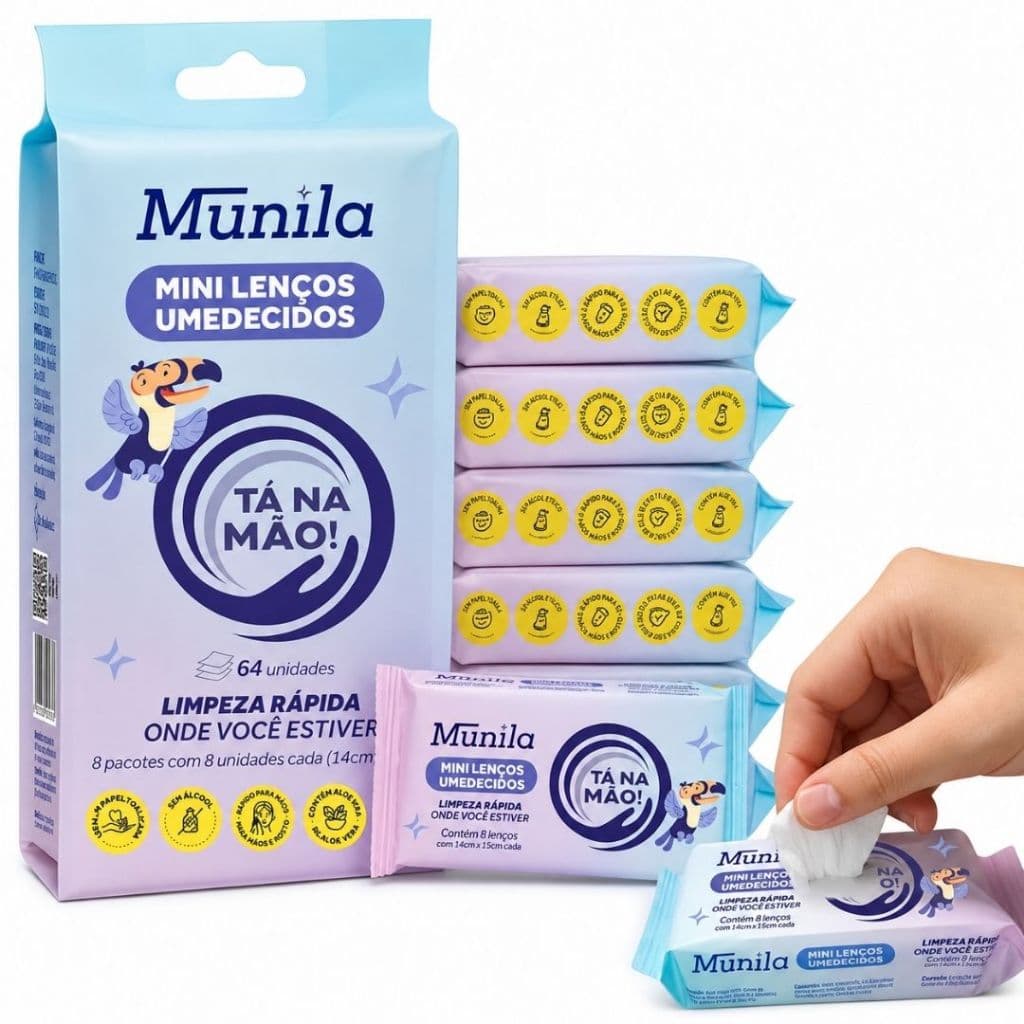 Mini Lenço Umedecido Tá na Mão Pack com 64 Lenços- Munila
