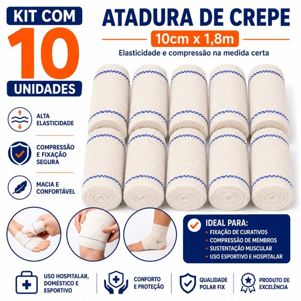 Kit 10 Ataduras de Crepe Polar Fix 10cm x 1,8m Compressão Curativo Ortopédico Primeiros Socorros