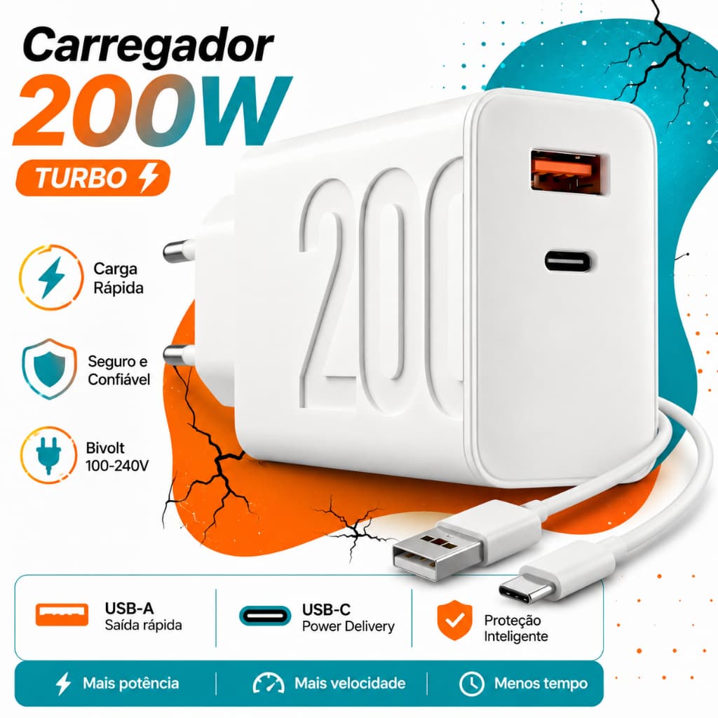Carregador Rápido USB-C + USB-A PD QC 3.0