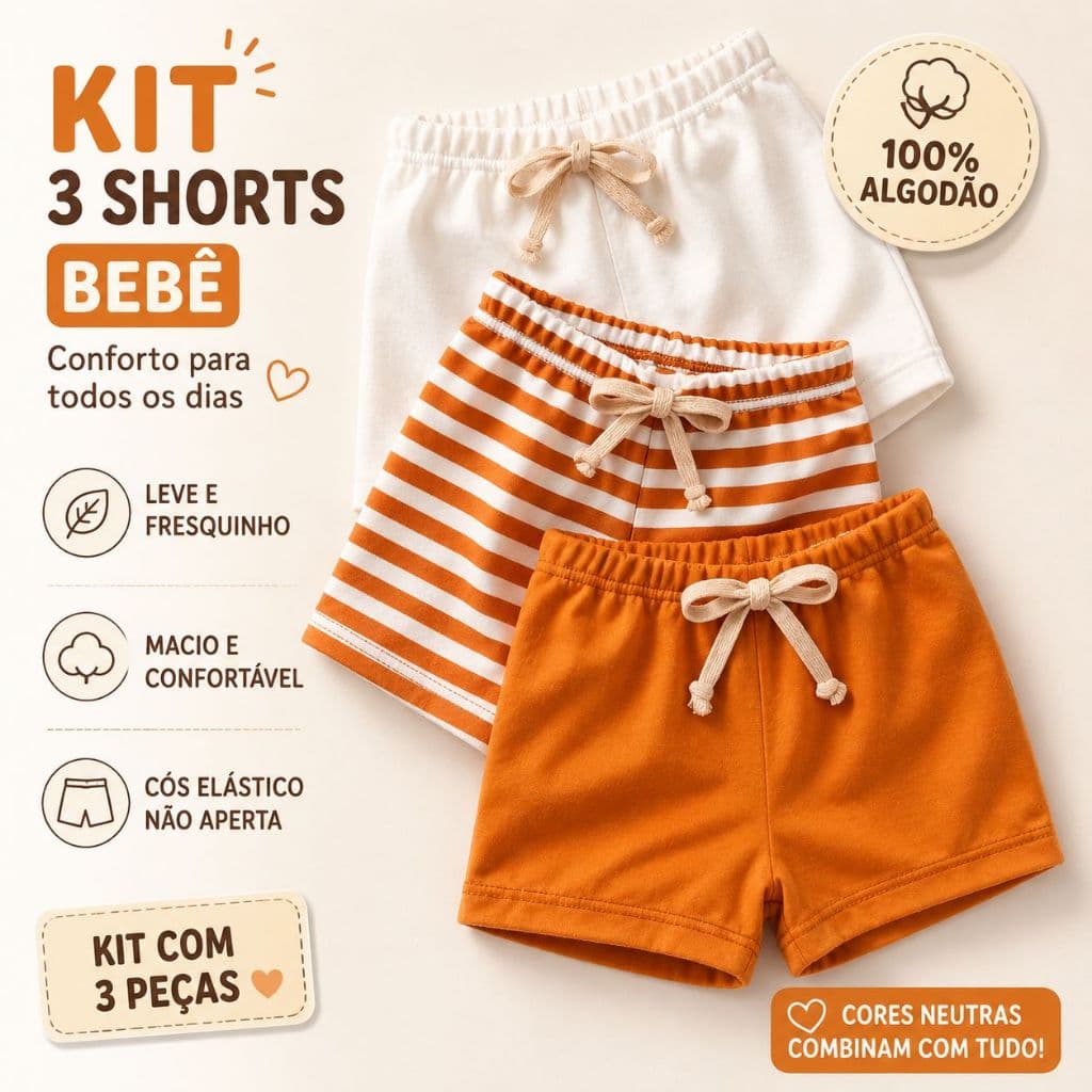 Kit 3 Shorts Bebê Infantil Verão Unissex Com Cós Elástico Confortável em Algodão Macio Dia Dia Leve