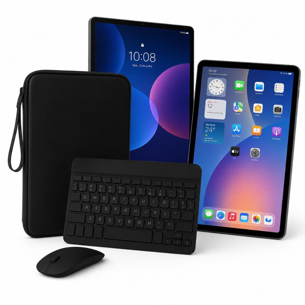 KIT PARA TABLET (iPad/Xiaomi/Samsung/Motorola/Lenovo) ATÉ 12 POLEGADAS COM CASE BOLSA TECLADO E MOUSE BLUETOOTH SEM FIO