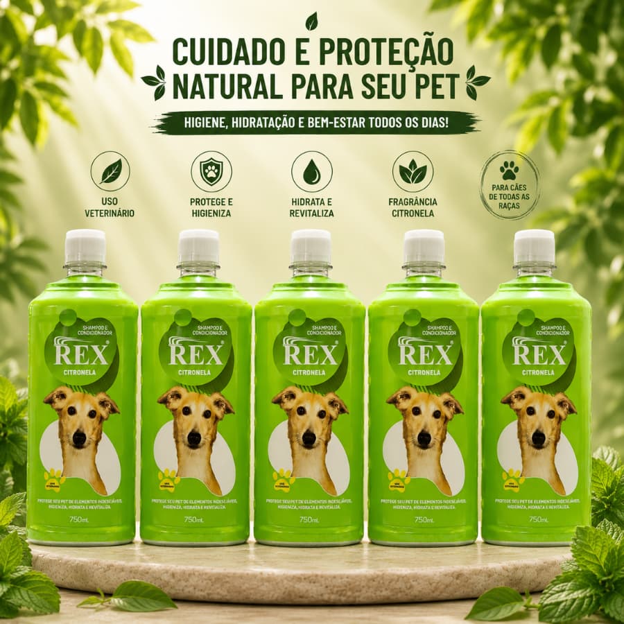 5x Shampoo Rex Citronela 750ml 2 em 1 para Cães | Limpeza e Hidratação