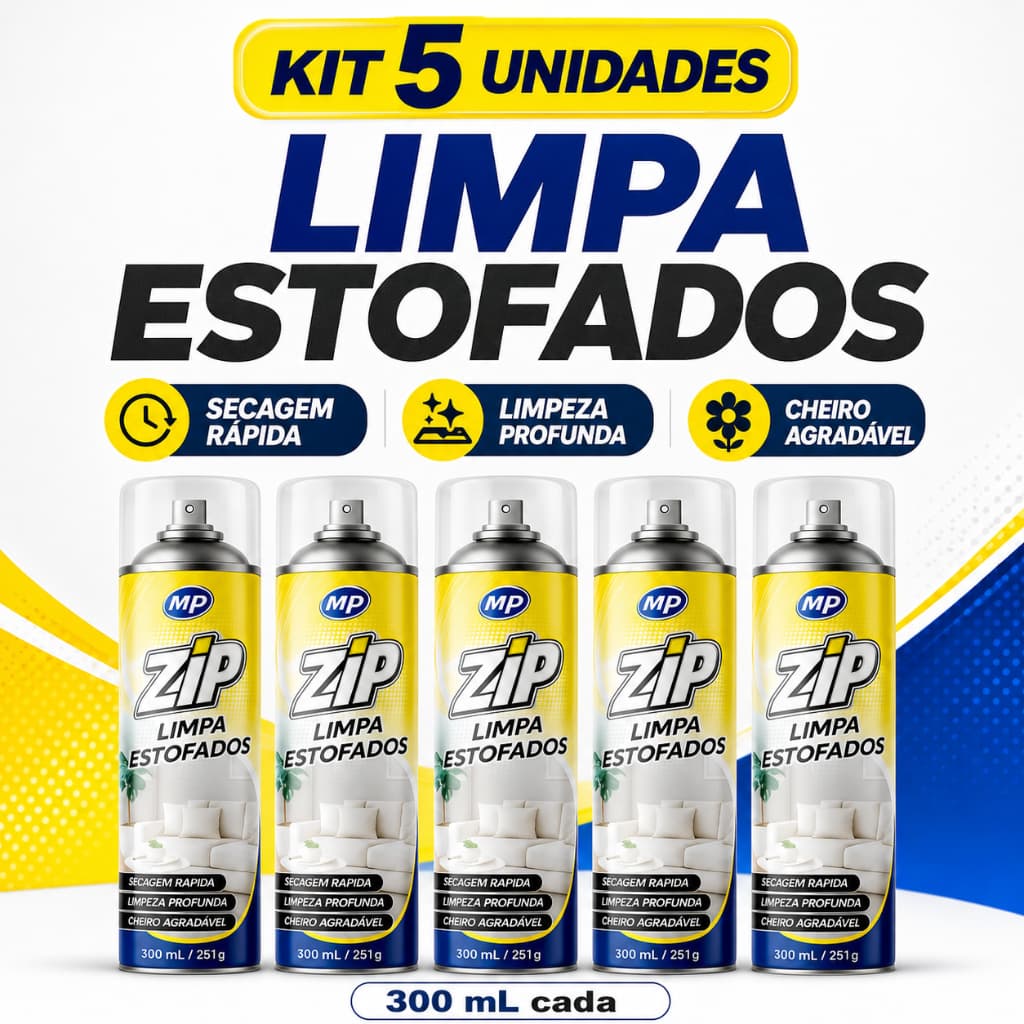 Kit 5 Zip Spray Limpa Estofados 300ml Sofá Carro Tira Manchas Limpeza Pesada