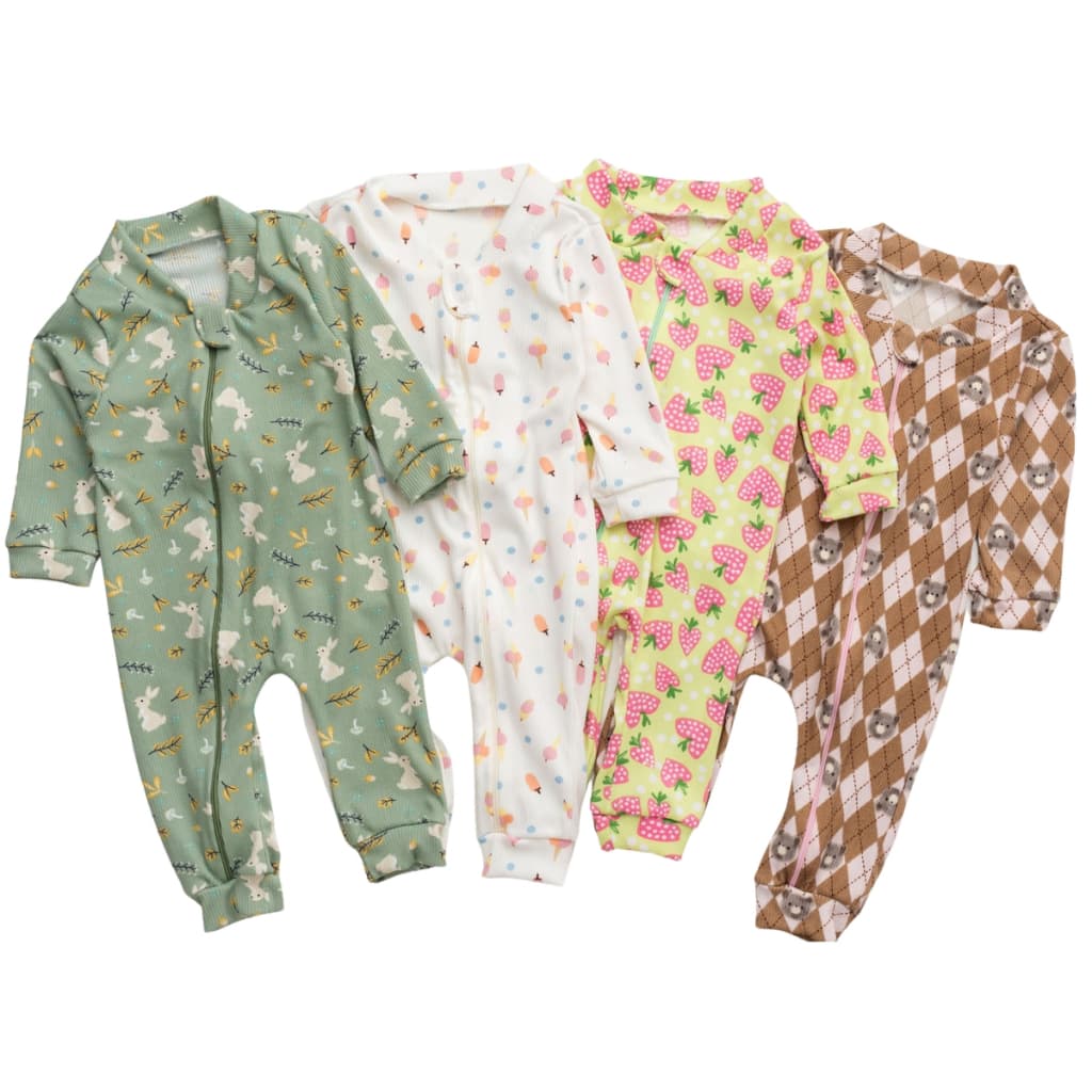Kit 4 Macacão Canelado Estampado Bebê Zíper Menino E Menina
