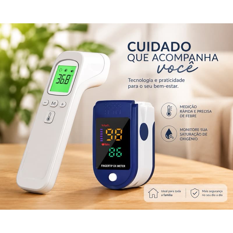 Kit Oxímetro Digital De Dedo e Termômetro Infravermelho Sem Contato Kit Oxímetro Digital De Dedo e Termômetro Infraverme