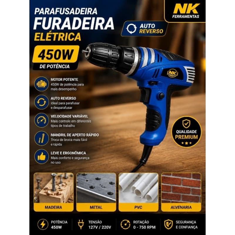 Parafusadeira Furadeira Elétrica 450w Auto Reverso