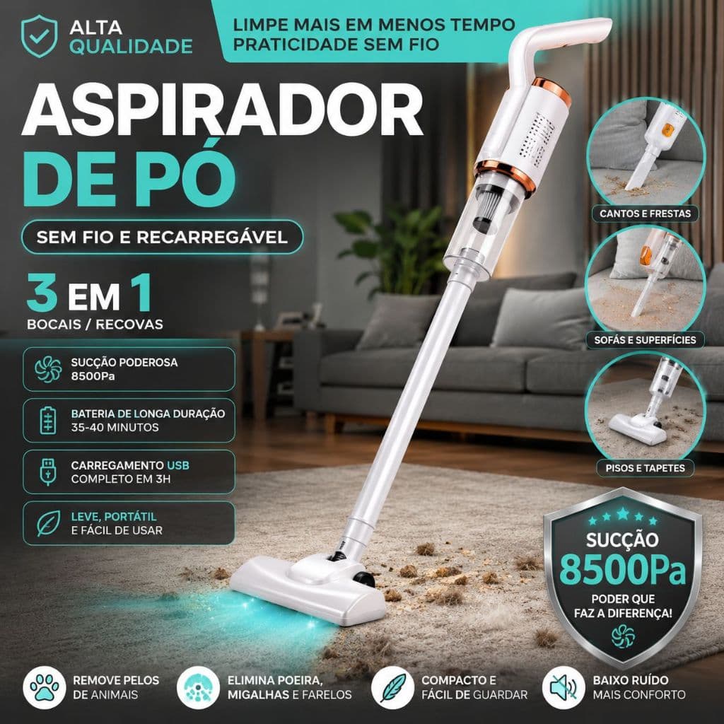 Aspirador de Pó Portátil Sem Fio Recarregável Alta Sucção para Casa Carro e Pelos de Pet - CHAI