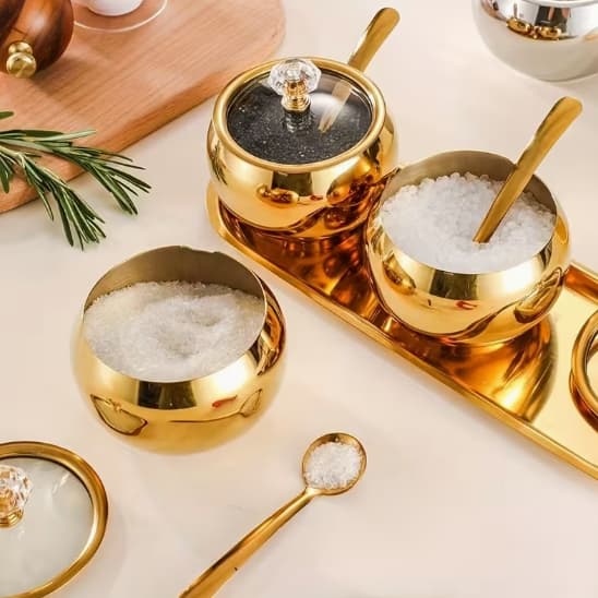 Potes Açúcar Condimentos Com Bandeija Aço Inox 304 Esférico Cozinha Luxuoso Moderno Organizador
