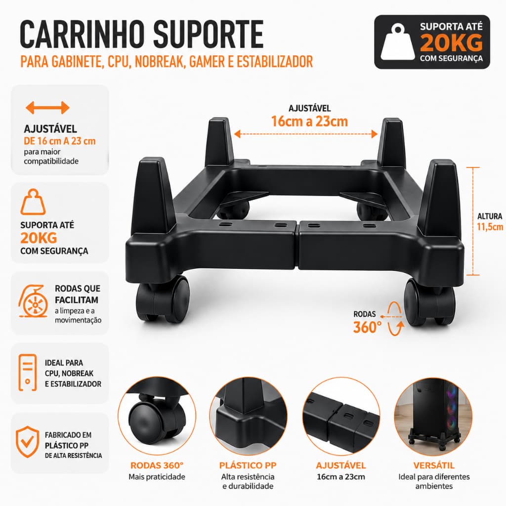 Carrinho Suporte para Gabinete Cpu Nobreak Gamer estabilizador com rodinhas Force Line