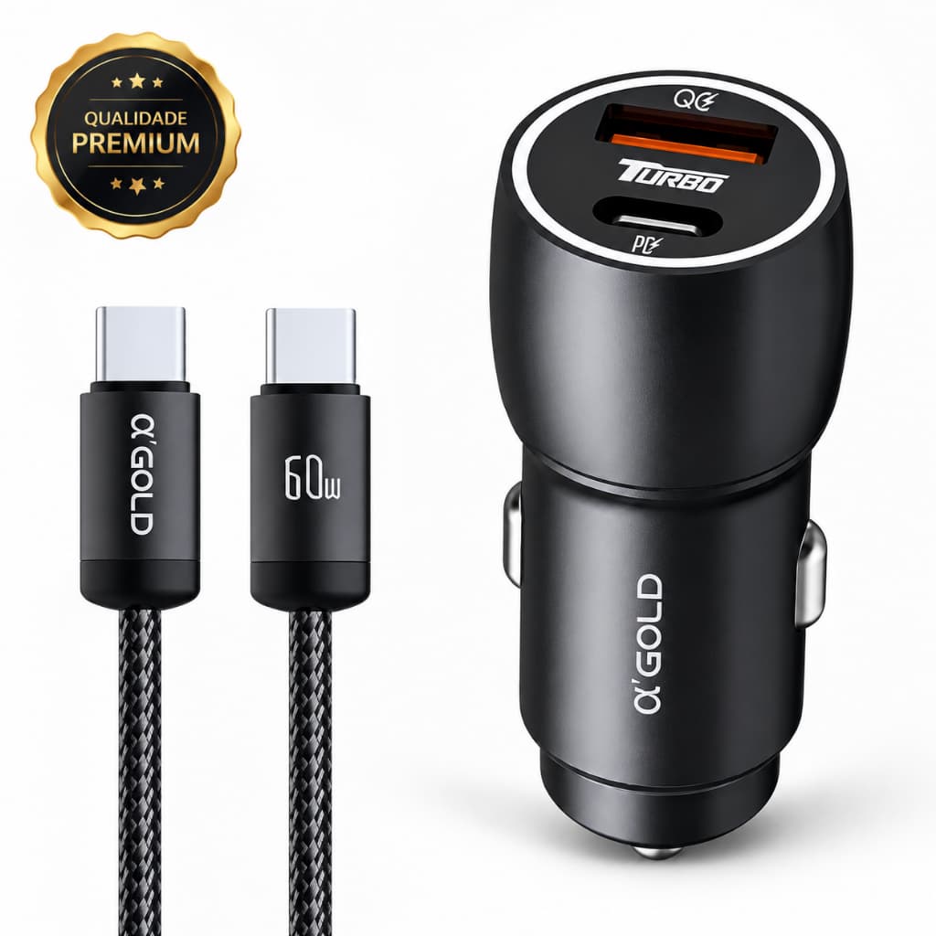 Kit Carregador Veicular Turbo 60W α’GOLD Pro + Cabo Tipo-C | USB-C PD QC 4.0 | Carga Rápida