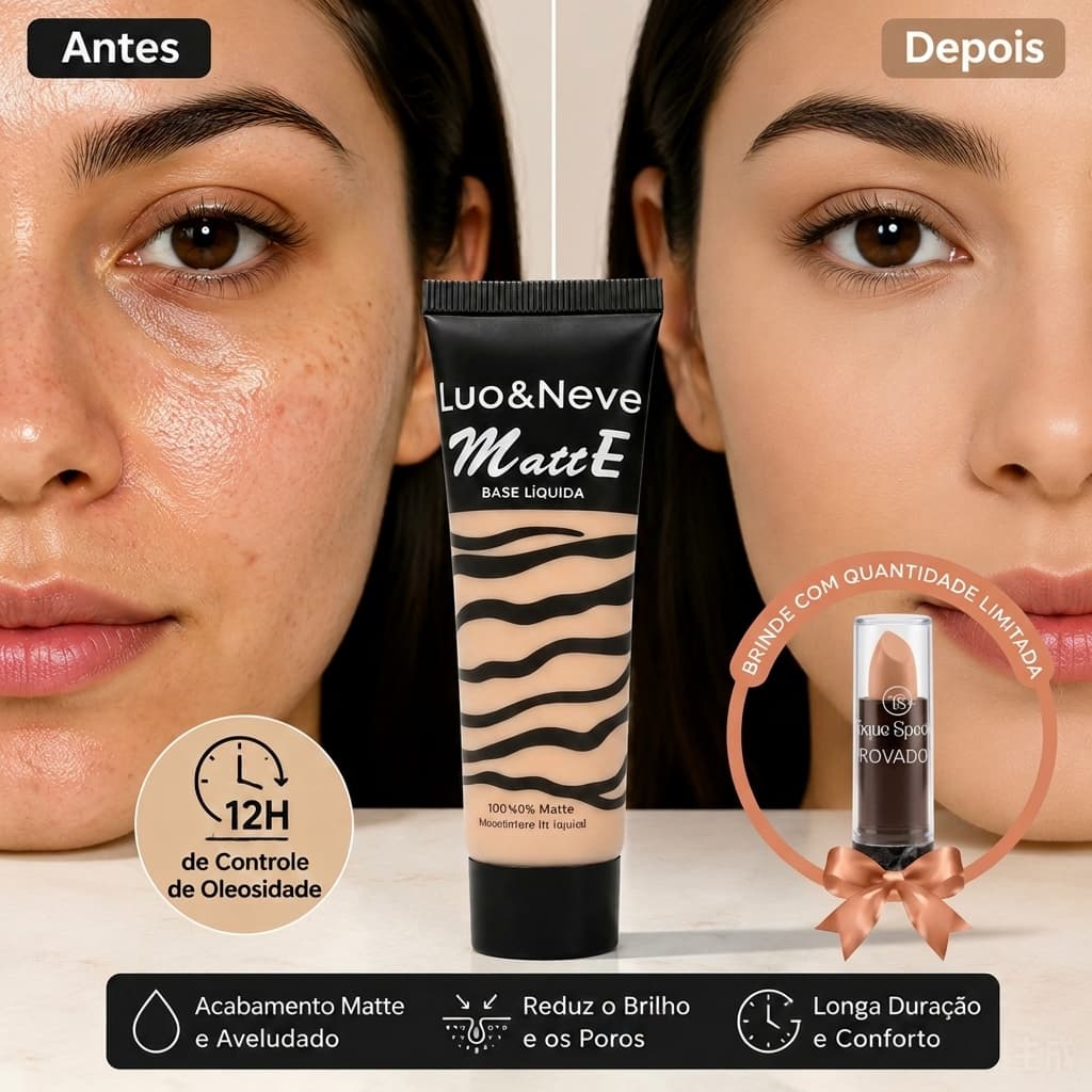 Base líquida matte 24h: controle de oleosidade, textura leve, acabamento natural luminoso. Cobre imperfeições, suaviza l