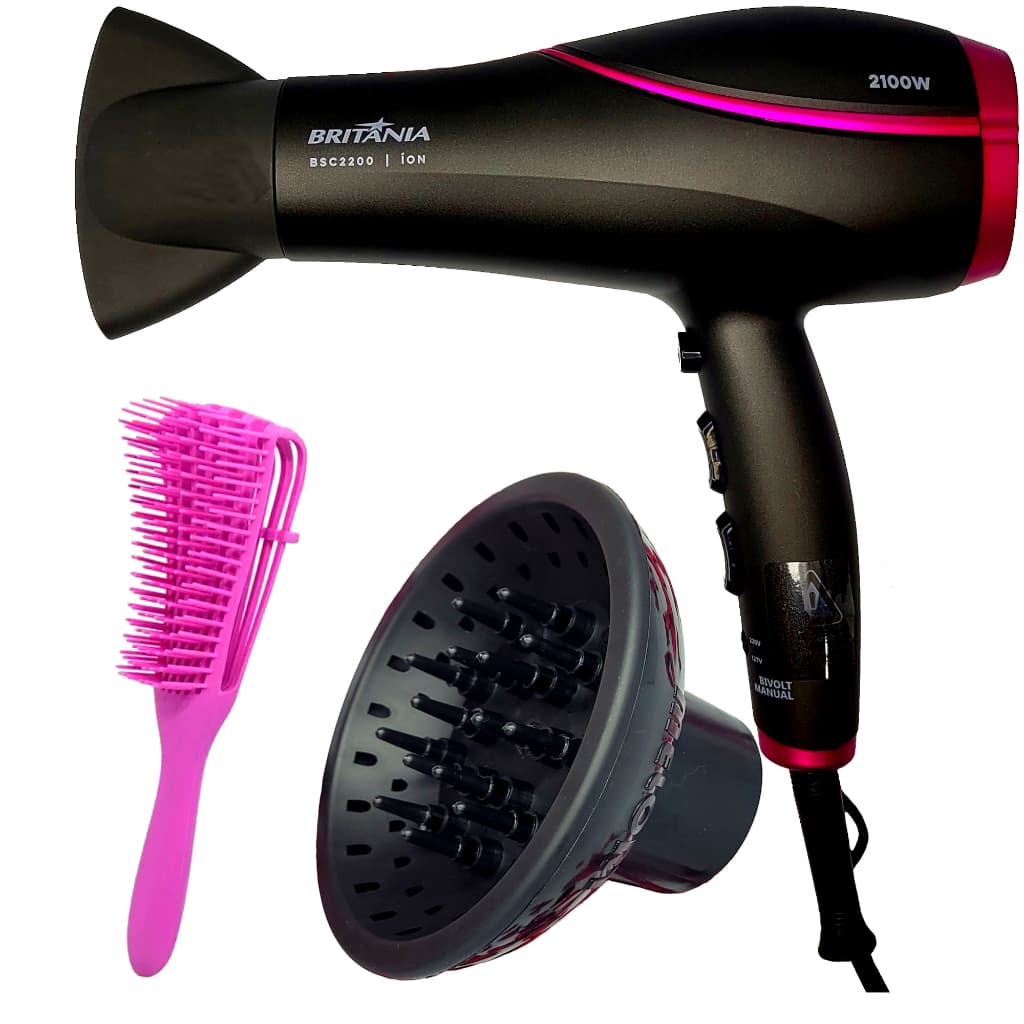 Secador De Cabelo Britania Profissional 2100w Ions Tourmaline Quente Frio Bs22 Bivolt Com Difusor Cachos Acessórios